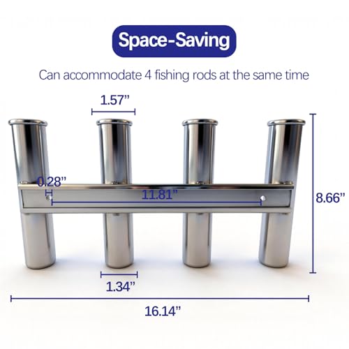 Wall Mounted 4 Tubes Linked Stainless Steel Fishing Rod Holder for Boat | Boat rod storage, rust-proof marine steel, vertical space-saving, self-draining base, hands-free gear organization - color: Silver 4 Rod