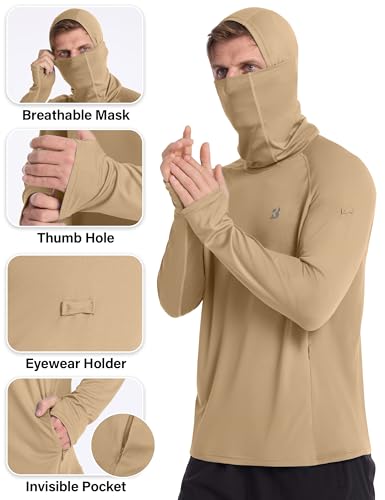 Roadbox Mens UPF 50+ Sun Protection Hoodie, Long Sleeve Fishing Shirt with Mask, Lightweight UV SPF Hooded for Hiking Running - color: Khaki, size: Medium