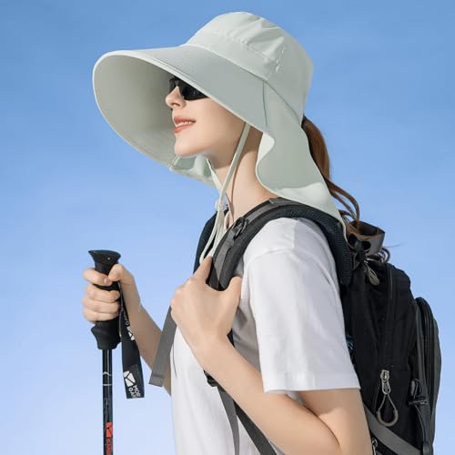 HUAMULAN Men Summer Sun Hat Women Safari Wide Brim Fishing Hats UV Protection Neck Flap Bucket Gardening Hiking Hunting Cap - color: Bg8112-lightgreen