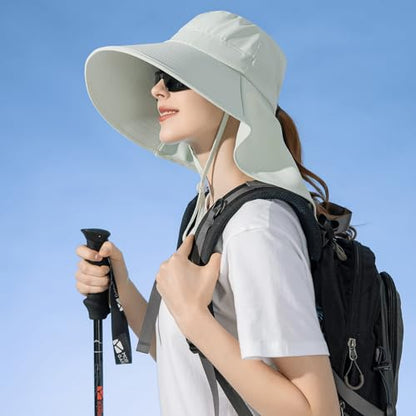 HUAMULAN Men Summer Sun Hat Women Safari Wide Brim Fishing Hats UV Protection Neck Flap Bucket Gardening Hiking Hunting Cap - color: Bg8112-lightgreen