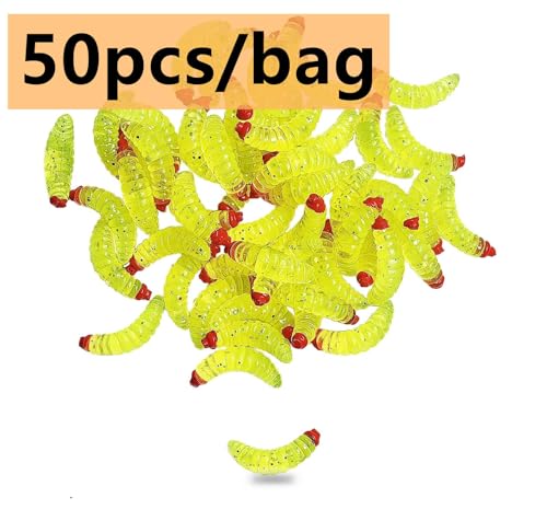 50pcs-1Inch Bass Fishing Worms Lures,Silicone Soft Maggot Baits Bread Worm Fishing Lure,5 Color - color: Yellow