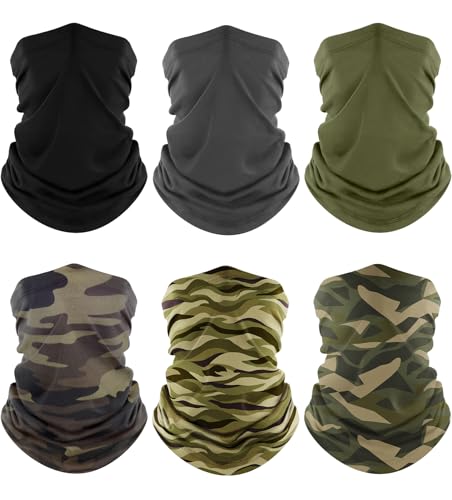 Fuinloth Neck Gaiter, 6 Pack Cooling UV Protection Bandana Face Mask Gator | Breathable Sweat Wicking, UPF 50, Sun Wind Dust Shield, Quick Dry & Washable, 95% Polyester 5% Spandex - color: Black+gray+green+camo+swell Green+square Camo