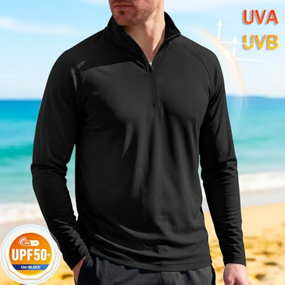MAGCOMSEN Men's Long Sleeve Sun Shirts UPF 50+ Tees 1/4 Zip Fishing Running Rash Guard Athletic T-Shirts - color: Black, size: Large