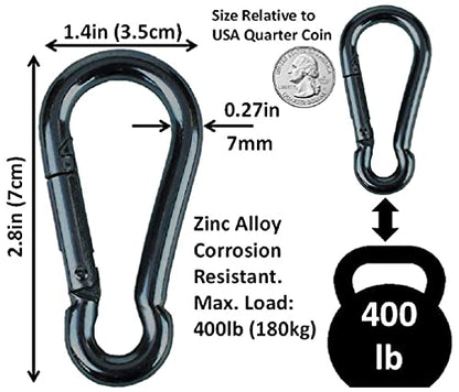 Black & Silver Zinc-Galvanized Heavy Duty Bushcraft Carabiner Spring Snap Clip Link Hooks 200-500lb Load 2, 6 & 12 Packs - color: 7cm (2.8in) Black 6 Pack