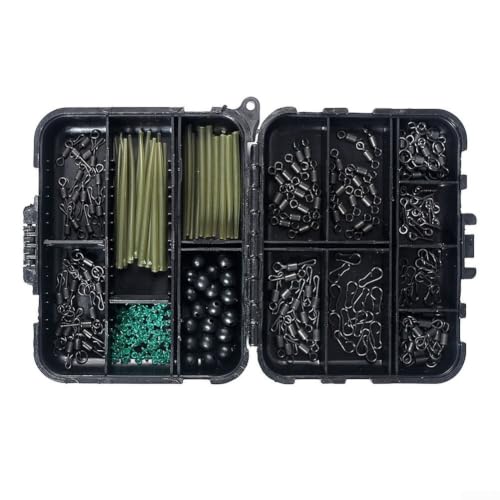 300Pcs Carp Fishing Tackle Box Kit with Clips Hooks Swivels Terminal Rigs Snaps, Plastic Organizer Case for Bass Trout Rock Fishing, Black