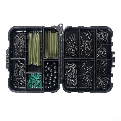 300Pcs Carp Fishing Tackle Box Kit with Clips Hooks Swivels Terminal Rigs Snaps, Plastic Organizer Case for Bass Trout Rock Fishing, Black