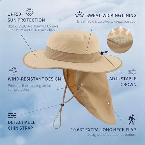 Connectyle Wide Brim Sun Hat for Men Women UPF 50+ Breathable Fishing Hat with Neck Flap Outdoor Hiking Safari Bucket Hats - color: Light Khaki