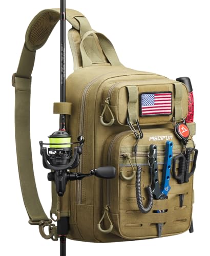 Piscifun Fishing Backpack Tackle Bag with 2 Rod Holders, Multi-Compartment Storage, MOLLE System, Water-Resistant Lightweight Outdoor Pack - color: Single Shoulder - Khaki, style: Standard