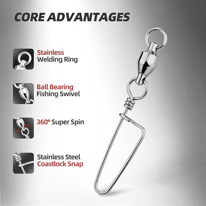30PCS High Strength Fishing Snap Swivels – Stainless Steel Ball Bearing Barrel Swivels, Corrosion Resistant Fishing Connector Clips for Freshwater and Saltwater - size: 8#