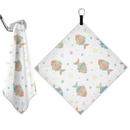Fish 2 Pack Waffle Pattern Golf Towels, 17.7"x17.7" Square Golf Towel with Carabiner Clip and Magnetic Snap for Cleaning Golf Ball, Club