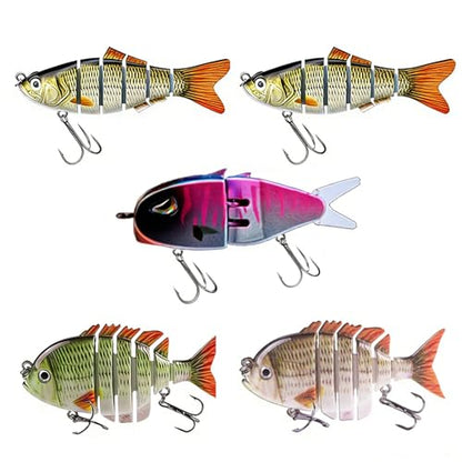 Fishing Lures for Freshwater and Saltwater, Lifelike Slow Sinking Bass Lures Multi-Jointed Swimbait for Bass Trout Crappie Walleye Pike, Must-Have Fishing Gear for Family Fishing Gear (5 Pcs)