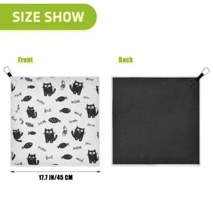 Cartoon Cat Fish White Print Magnetic Golf Towel for Golf Bags Microfiber Golf Essentials for Women Men with Carabiner Clip Attaches to Clubs and Carts, 17.7"x17.7"