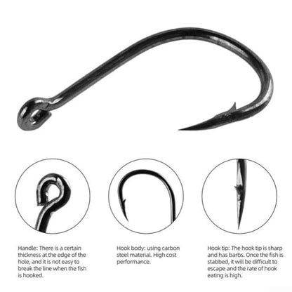 High Carbon Steel Fishing Hooks Set, Assorted Sizes Fly Fishing Hook Kit with Plastic Box, Barbed Terminal Tackle for Freshwater Saltwater Angling, 100 or 500 Pieces(100 per box) - size: 100 per box
