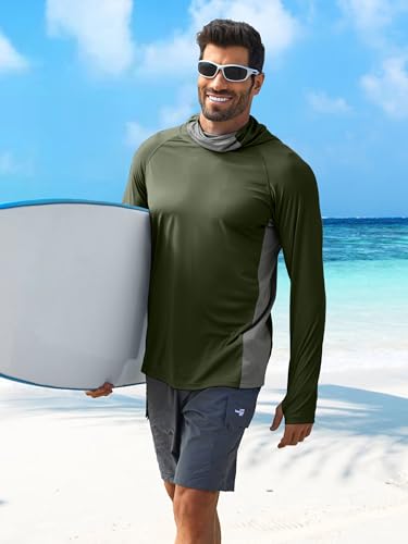 PINSPARK Men's Sun Protection Hoodie with Mask UPF 50+ UV Long Sleeve Shirt Men Rash Guard Performance Fishing Hiking Shirt - color: Army Green, size: Medium