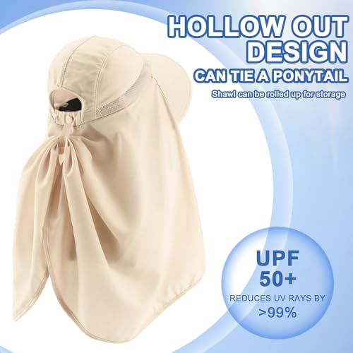 Skicuff 1/3 Pcs Women Sun Hat with Neck Flap Face Cover UPF 50+ UV Protection Wide Brim Visor Fishing Hat for Outdoor Hiking - color: Beige