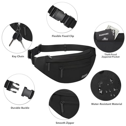 MAXTOP Large Crossbody Fanny Pack Waist Pack with 4-Zipper Pockets Hiking Travel Essentials for Women Men Belt Bag, for Hiking Running Travel Cycling,Black - color: Black