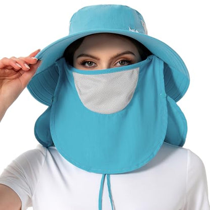 BASSDASH UPF 50+ Breathable Sun Hat with Removable Face Cover and Neck Flap Wide Brim Bucket Hat for Fishing Hiking Men Women - color: Light Blue
