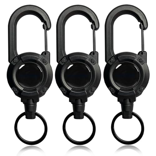 Retractable Keychain 3-Pack Heavy Duty Zinger Retractors 24" Auto-Extend Lanyard for Keys ID Badges & Small Tools Lightweight Gear Keeper for Outdoor & Daily Use (Black)