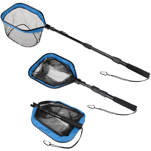 Yeahmart Floating Fishing Net Foldable Landing Net with Pole Handle, Blue | Portable Fishing Gear with Rubber Coated Mesh & Aluminum Handle for Kayak, Fly, Trout, Steelhead, Salmon, Bass Fishing - size: 47.2" Total Length (Telescopic Handle)