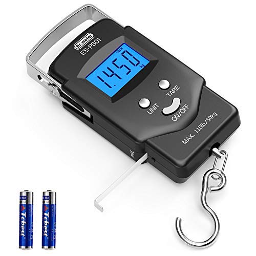 Dr.meter Fish Scale Luggage Scale Fishing Gear - 110lb Backlit LCD Display Digital Scale with Built-in Measuring Tape - Fishing Scale with 2 AAA Batteries, Pocket Size - Fishing Gifts for Men - color: Black