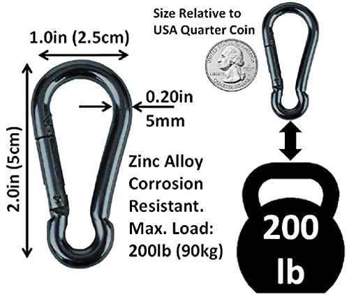 Black & Silver Zinc-Galvanized Heavy Duty Bushcraft Carabiner Spring Snap Clip Link Hooks 200-500lb Load 2, 6 & 12 Packs - color: 5cm (2.0in) Black 6 Pack