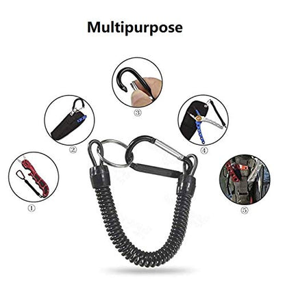 Pack of 6 Black Coiled Fishing Lanyard with Carabiner Fishing Ropes Secure Pliers Lip Grips Tackle Fish Tools