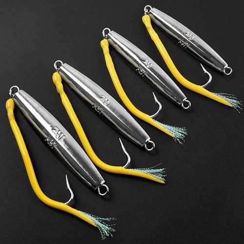 Diamond Jig Saltwater Fishing Lure, 2/3pcs Casting Jigging Spoons with Split Tube Tail Striped Bass Flat Metal Jig for Surf Fishing Bottom Sinking Bouncing Deep Sea Ocean 1-10oz - size: 5oz, style: 2pcs-yellow