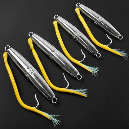 Diamond Jig Saltwater Fishing Lure, 2/3pcs Casting Jigging Spoons with Split Tube Tail Striped Bass Flat Metal Jig for Surf Fishing Bottom Sinking Bouncing Deep Sea Ocean 1-10oz - size: 5oz, style: 2pcs-yellow