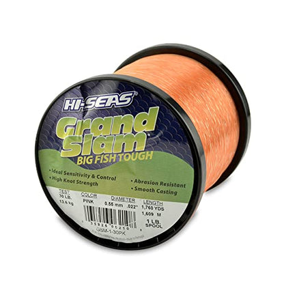 HI-SEAS Grand Slam Monofilament Fishing Line - Strong & Abrasion Resistant in Clear, Pink, Green, Smoke Blue, Fluorescent Yellow Freshwater & Saltwater - 1 lb Spool - color: Pink, style: 30 Lb Test, 0.55 Mm Dia, 1760 Yd