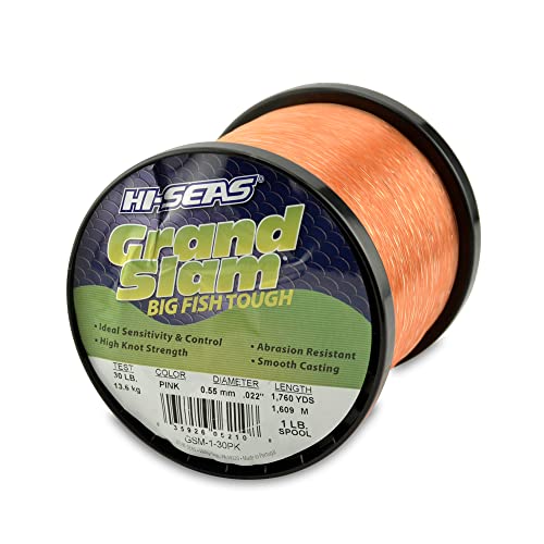 HI-SEAS Grand Slam Monofilament Fishing Line - Strong & Abrasion Resistant in Clear, Pink, Green, Smoke Blue, Fluorescent Yellow Freshwater & Saltwater - 1 lb Spool - color: Pink, style: 30 Lb Test, 0.55 Mm Dia, 1760 Yd