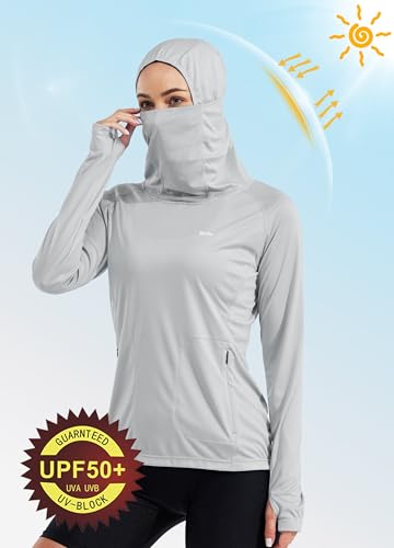 Willit Women's UPF 50+ Sun Protection Hoodie - Breathable Mesh Face Cover & Cooling Fishing Shirt with Pockets - color: Gray, size: Large