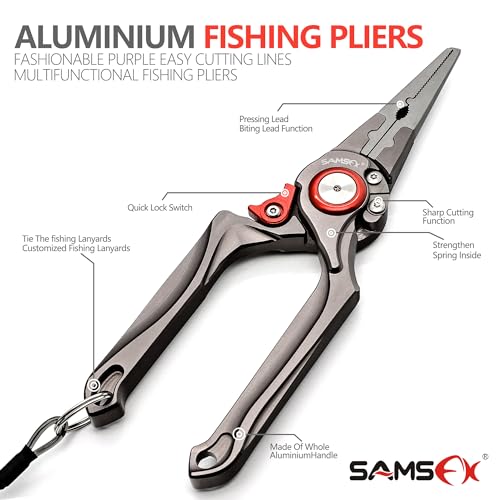 SAMSFX Fishing Pliers, Muti-Function Fly Fishing Tools, 8" Saltwater Resistant Gear Hook Remover Split Ring Tungsten Cutters, with Lanyard & Sheath - color: Red Fishing Pliers with Quick Knot Tool
