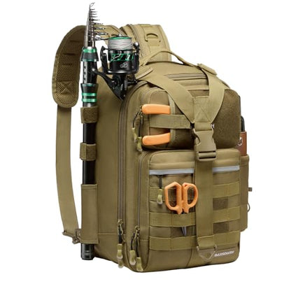 BASSDASH Convertible Fishing Backpack Sling Bag with Rod Holder, Adjustable Tactical Water-Resistant Tackle Storage Pack FP07 - color: Brown Khaki, size: Large