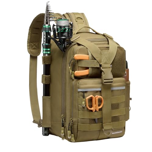 BASSDASH Convertible Fishing Backpack Sling Bag with Rod Holder, Adjustable Tactical Water-Resistant Tackle Storage Pack FP07 - color: Brown Khaki, size: Large