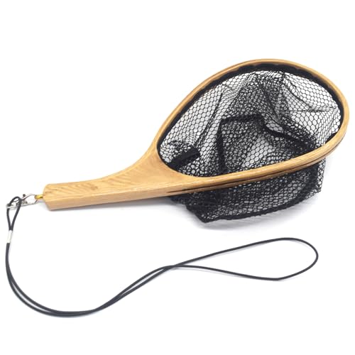 Small Wooden Frame Fly Fishing Landing Net With Soft Rubber Mesh for Trout Bass Catch and Release - Fishing Gear - color: Curved Handle