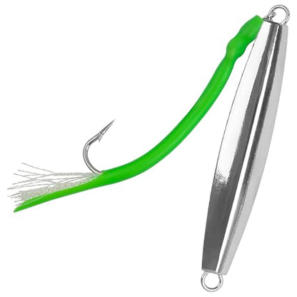 Diamond Jig Saltwater Fishing Lures Casting Jigging Spoon with Tube Tail Stainless Steel Hooks Trolling Lures Striped Bass Metal Jig for Deep Sea Surf Fishing Bottom Dragging Sinking - color: Green, size: 2 oz