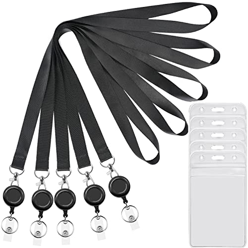 5Pcs Black Lanyards with Vertical ID Badges Holder and Retractable Reel | Flat Lanyard,For Keys,Card Holder - color: Black
