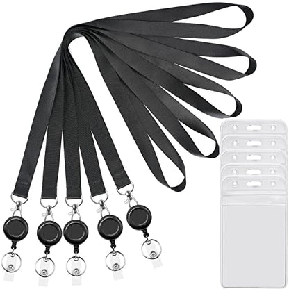 5Pcs Black Lanyards with Vertical ID Badges Holder and Retractable Reel | Flat Lanyard,For Keys,Card Holder - color: Black