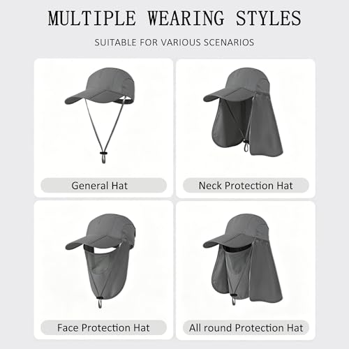 2Pack Men’s Foldable Sun Hat with Removable Face Mask & Neck Flap, UPF 50+ UV Protection, Quick-Drying Outdoor Fishing Cap - color: Dark Grey+khaki