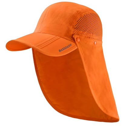 BASSDASH UPF 50+ Foldable Fishing Hat Baseball Cap with Removable Neck Flap Portable for Men Women Golf Hiking - color: Orange With Foldable Brim