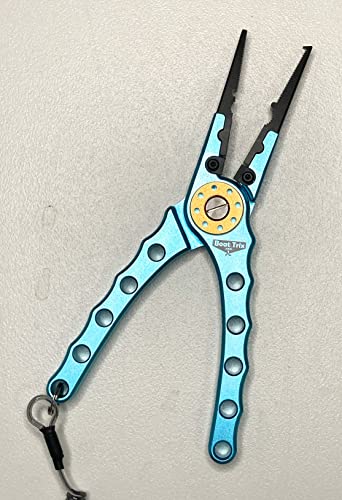 Fishing Pliers and Holster Case with Lanyard, Corrosion Resistant, Hook remover, Crimper, Aircraft Aluminum, 8 Inch Needle Nose, Stainless Steel Line Cutter, Braid Cutter, Blue, Boat Trix Branded