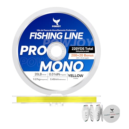 Monofilament Fishing Line with Knot Guide Card, Tangle-Free Snap Ring for No More Mess, Low Memory Smooth Casting Nylon Mono String, 15/20/30/50/80LB, 220-1050 Yards - color: Yellow, size: 20LB 220Yards