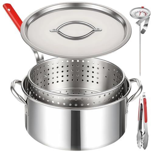 10 QT Stainless Steel Deep Fryer Pot with Basket Lid Tongs Thermometer, Fish Fryer Set for Propane and Gas Stoves, Not for Induction or Electric Cooktops