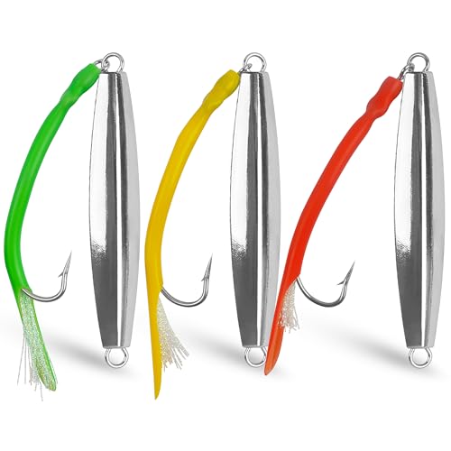 Diamond Jig Saltwater Fishing Lure, 2/3pcs Casting Jigging Spoons with Split Tube Tail Striped Bass Flat Metal Jig for Surf Fishing Bottom Sinking Bouncing Deep Sea Ocean 1-10oz - size: 3oz, style: 3pcs-3 Colors
