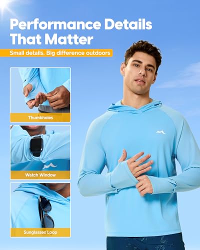 maamgic Men’s UPF 50+ Fishing Shirt Sun Hoodie with Detachable Face Mask, Long Sleeve UV Rash Guard - color: Blue, size: XX-Large