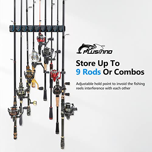 PLUSINNO 4 Pack Vertical Fishing Rod Rack, Wall Mounted Fishing Rod holder, 4 Packs Fishing Pole Holders Hold Up to 36 Rods or Combos, Fishing rod holders for garage, Fishing Gear and Gifts for Men - style: Blue 4-pack (store 36 combos)
