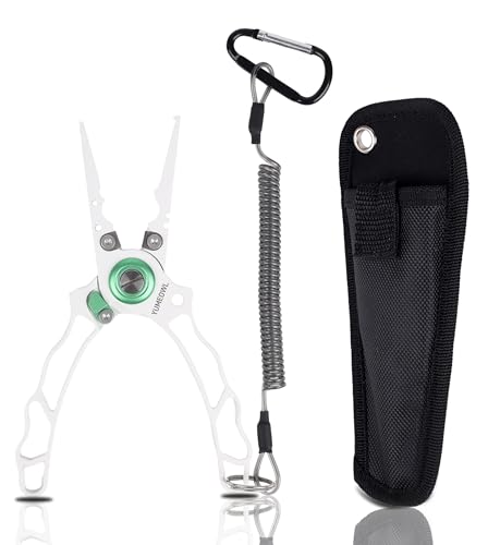 Fishing Pliers with Innovative Ergonomical Handle, Corrosion Saltwater Resistant,Fishing Multitool Hook Remover Braided Fishing Line Cutting, Split Ring with Coiled Lanyard and Sheath - color: White-6.6"