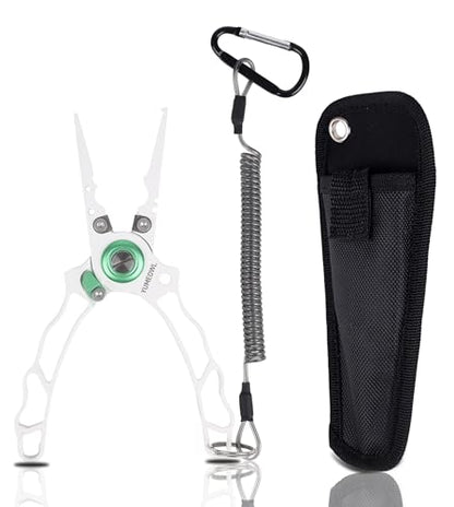 Fishing Pliers with Innovative Ergonomical Handle, Corrosion Saltwater Resistant,Fishing Multitool Hook Remover Braided Fishing Line Cutting, Split Ring with Coiled Lanyard and Sheath - color: White-6.6"