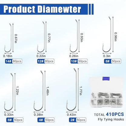 Fly Tying Hooks Assortment Kit, 410pcs Dry Fly Fishing Hooks Long Shank Eye Down Streamer Fly Hooks Dry Wet Flies Nymph Strimp & Pupa Streamer, Caddis Jig Fishing Hooks