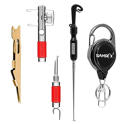 SAMSFX Fishing Stainless Steel Hook Tier, Knot Tying Tool, Loop Tyer, Hook Remover and Zinger Retractors Combo - color: Hook Tier with Red Grip